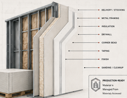 Production drywall assembly with stocked gypsum board, metal framing, insulation and finish layers
