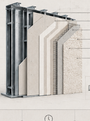 Architectural wall-system assembly showing metal framing, drywall, lath, plaster and stucco layers