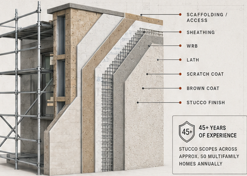 Exterior wall assembly showing sheathing, weather barrier, lath, plaster and stucco finish layers
