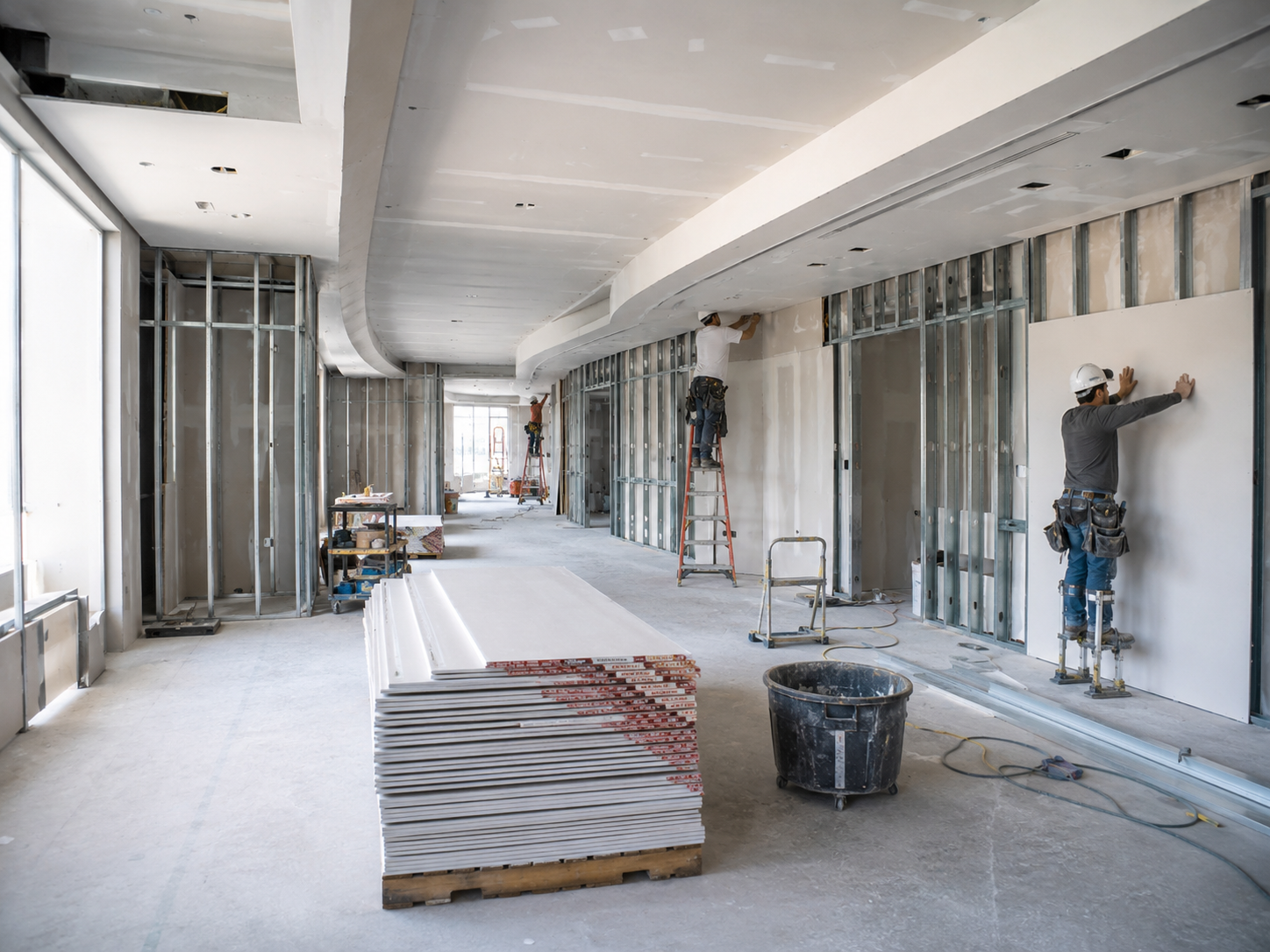 Large multifamily interior with metal studs, stocked drywall sheets and crews installing gypsum board