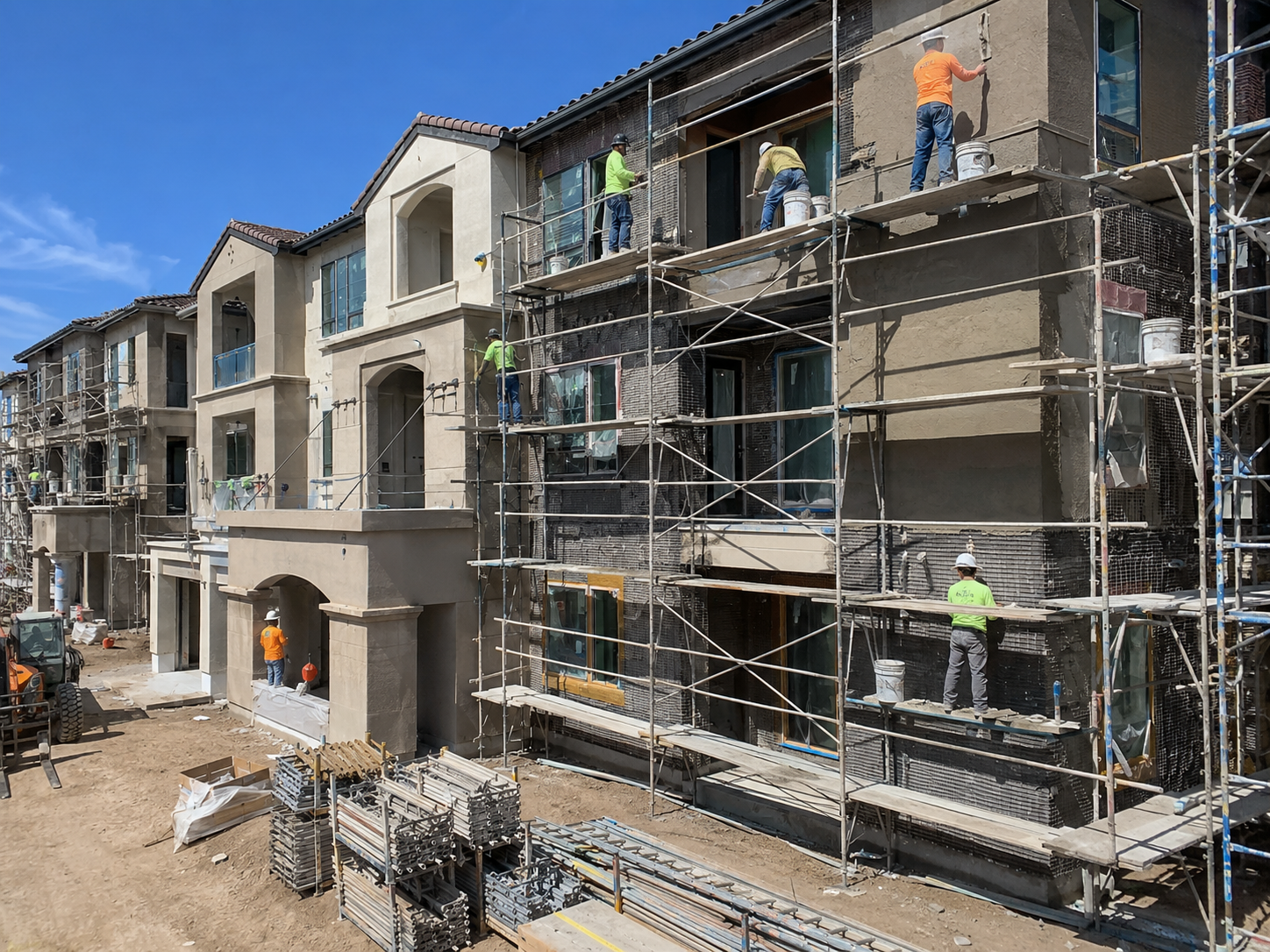 Multifamily building with extensive scaffolding and crews applying exterior plaster and stucco