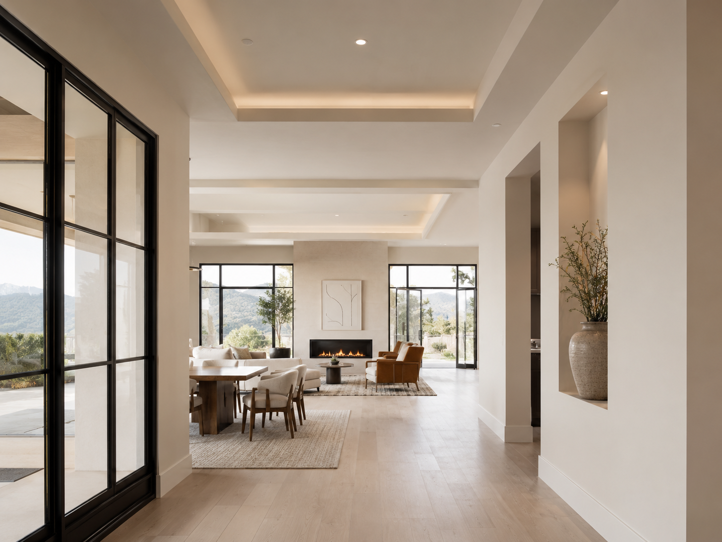 Finished custom-home interior with smooth drywall walls, clean corners and recessed ceiling details