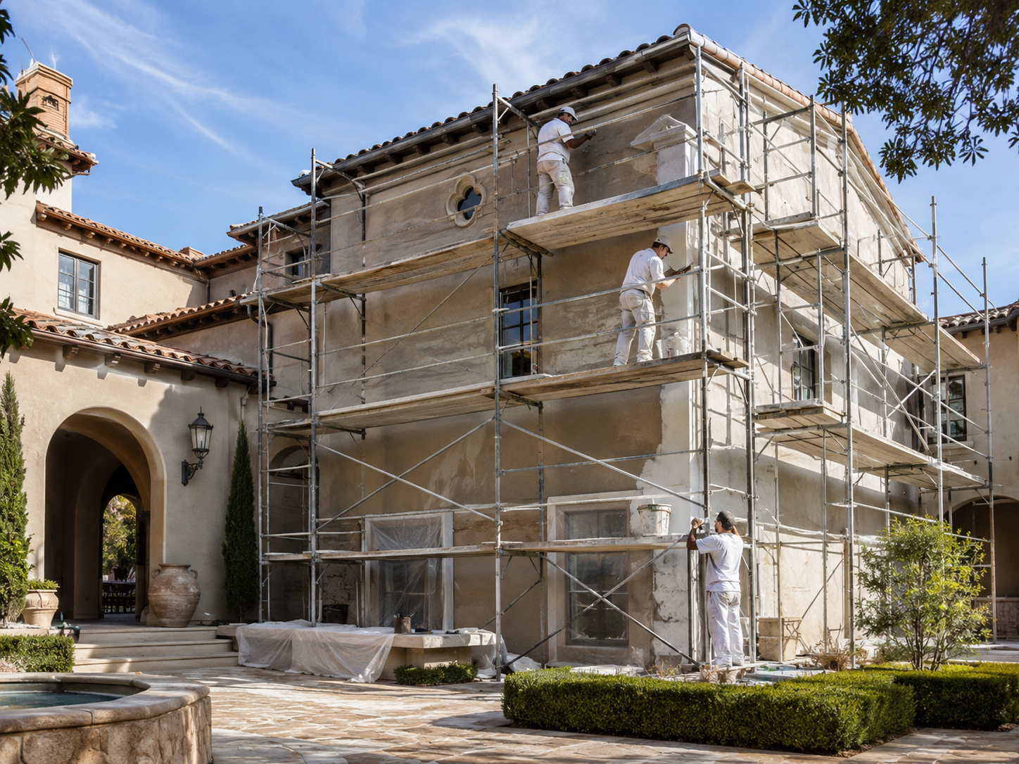 Mediterranean-style custom home with scaffolding and crews completing detailed exterior stucco work