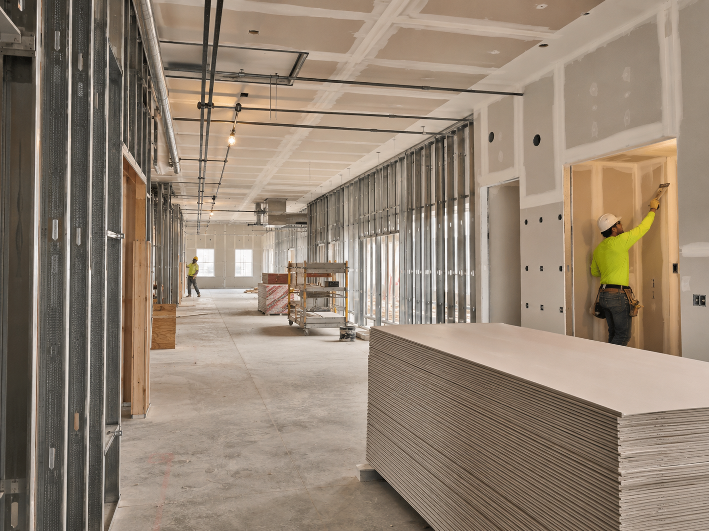 Organized drywall construction site with stocked gypsum board, metal framing and finishing work in progress